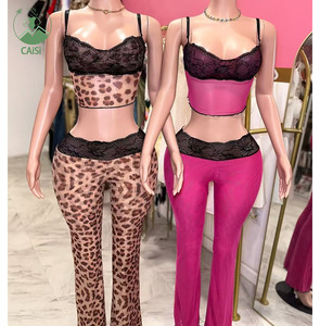 Trendy bahar kadınlar 2 parça setleri kıyafetler dantel See Through Mesh kırpma üst ve uzun pantolon seksi Y2K örgü iki parçalı Set kadınlar - Product Image 1
