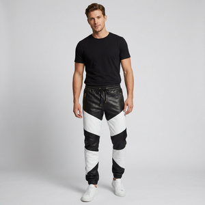 <b>Men's</b> Black White leather Spliced <b>Drawstring</b> Waist Sweatpants Casual Autumn Wear Breathable Knitted Joggers - Product Image 1