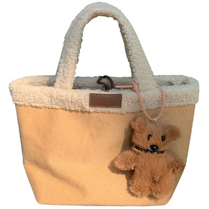 Plush Tote Bag Khaki Faux Lamb Wool Women's Everyday Winter 2024 - Product Image 5