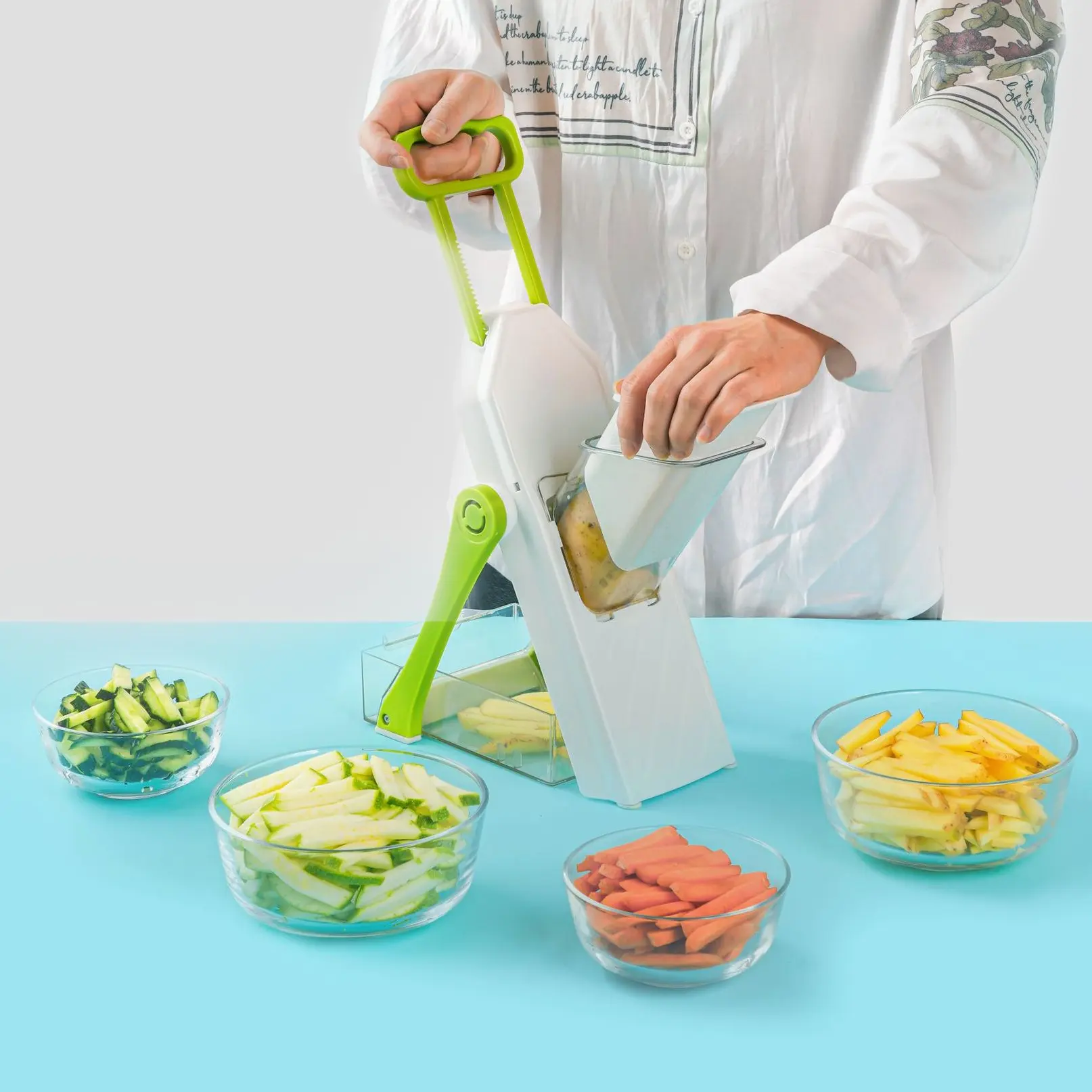 Vegetarian restaurant kitchen 4 blade hand press vegetable mandoline slicer vertical wire cutter quick food chopper