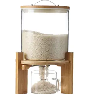 Dispensador de arroz com tampa hermética de torneira de aço inoxidável e suporte de madeira para cozinha, recipiente de vidro 5L/8