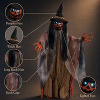 SIPKLR Décoration d'Halloween suspendue de 47 pouces, citrouille, sorcière, fantôme effrayant animé avec yeux LED lumineux pour décoration extérieure