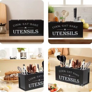 Estante para utensilios de cocina de madera maciza, negro, con parte superior abierta y compartimentos para almacenamiento y organización de utensilios de cocina - Product Image 4