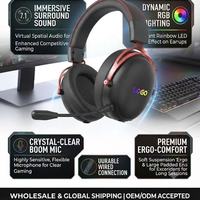 Headset Gaming Nirkabel OEM ODM dengan Peredam Kebisingan Aktif, Suara Surround 7.1, Desain Over-Ear Kulit dan Logam