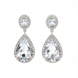 E1315 Orecchini pendenti in oro bianco con cristalli a goccia e strass incastonati, gioielli da sposa classici da donna - Product Image 1