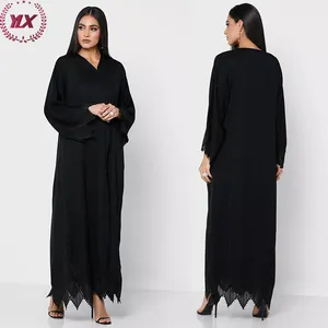 Front Open Embroidered Geometric Design With Embellished Beads Mesh Detail Soft Fabric Black Abaya Women Muslim Dress