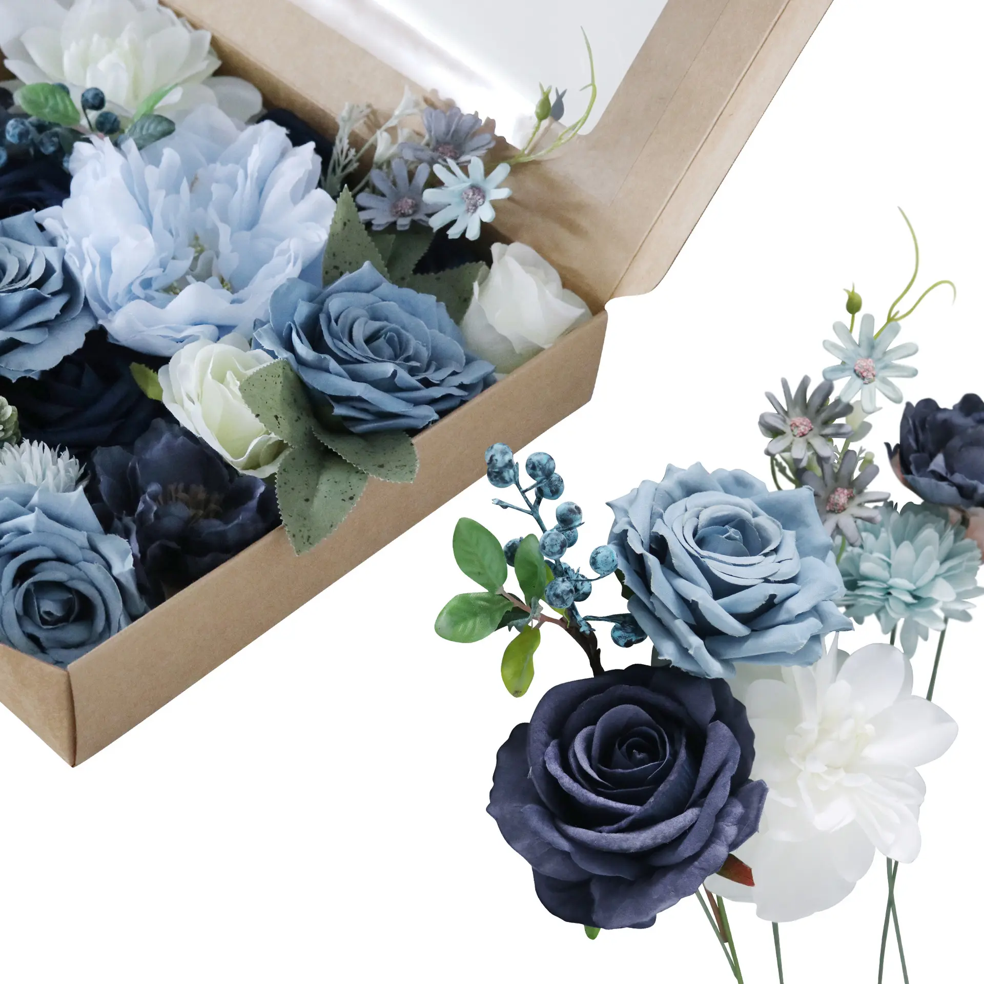 hot sale artificial flower in bulk gift boxes faux dusty blue rose artificial flower with stems arrangement for wedding decor
