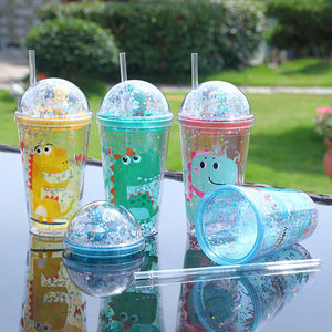 Hot bán phim hoạt hình nhựa cốc cốc cho trẻ em sinh viên sáng tạo dễ thương đôi tường cup với nắp và rơm - Product Image 1