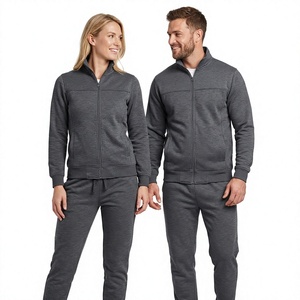 Unisex Gray Full Zip Eco-Friendly Fleece Tracksuit Set Solid Color Casual Sweatshirt Side Pockets Drawstring Pants Winter Wear - Product Image 1