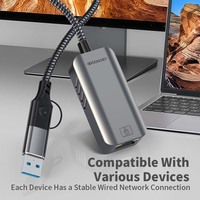 Adaptador Ethernet USB 3,0 Tipo C 5Gbps 2 en 1 RJ45 Tarjeta de red con cable Adaptador LAN de 5000Mbps para computadora portátil Macbook Teléfono celular externo