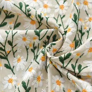 Ramie cotton embroidered cloth, small daisy fresh plant embroidery handmade fashion home dress Fabric