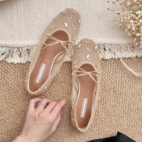 QuiteS Nouvelle collection été 2026, Sandales confortables et respirantes à strass, style Mary Jane fin, plates, à nœud, style français, à découpe basse