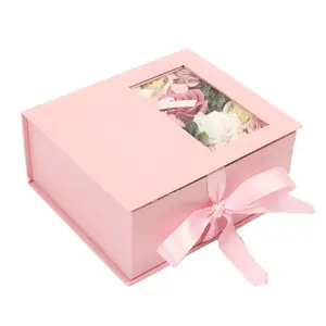 Paket hadiah magnetik mewah bunga mawar kotak hadiah kertas karton dengan jendela bening perhiasan kosmetik bunga coklat kotak hadiah