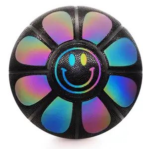 Bola de basquete reflexiva personalizada, bola de basquete para esportes, flor de smiley, face, holográfica