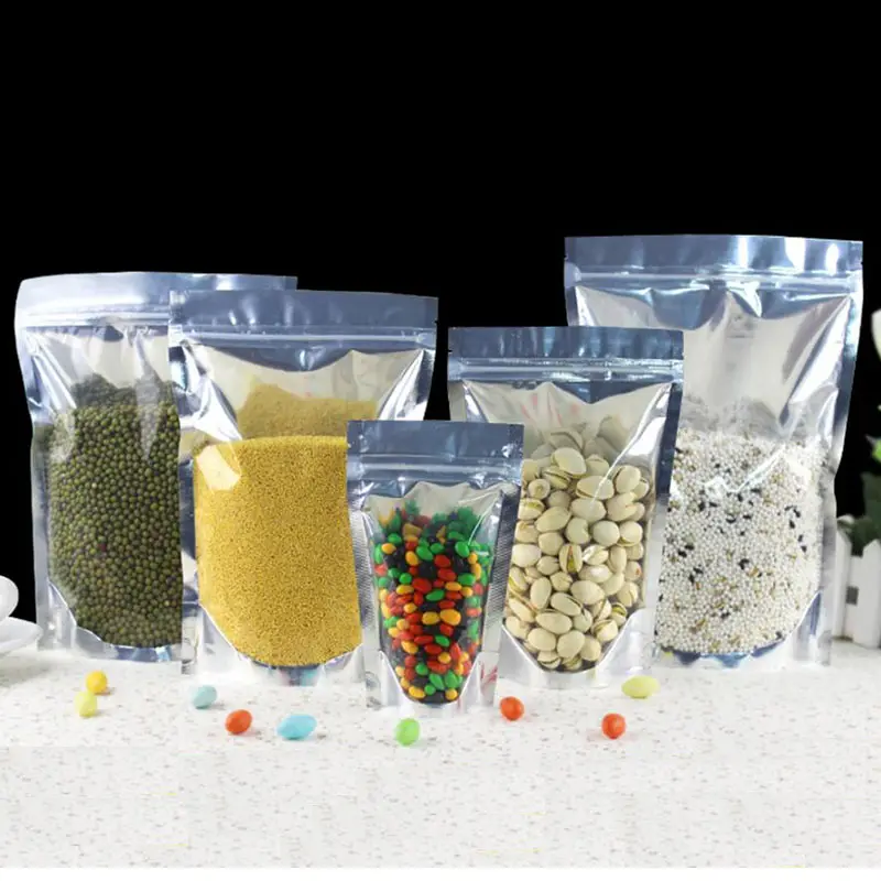 ज़िप लॉक बैग स्पष्ट एल्यूमीनियम पन्नी धातु प्लास्टिक खाद्य कस्टम चांदी की कैंडी बैग ग्रेure प्रिंटिंग बोप बैडर