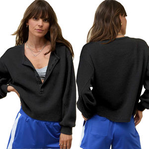 Sudadera de Manga Larga Asimétrica con Botones para Mujer, de Spandex/Nailon, Transpirable, Holgada, Informal, para Otoño/Invierno, Yoga - Product Image 1