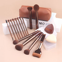 Ensemble de 15 pinceaux de maquillage avec sac en PU et houppettes, pinceaux cosmétiques en poils synthétiques doux