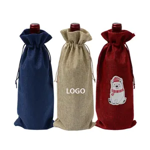 Atacado Logotipo Personalizado Impresso Linho Champanhe Garrafa Embalagem Saco Natal 750ml Drawstring Red Wine Sleeve Cover