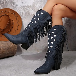 Bottes de cowboy occidentales pour femmes WETKISS, hiver, talon haut, dessus en velours, décorations en strass, large mollet, fermeture à enfiler - Product Image 2