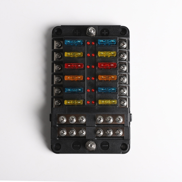 12-Way Blade Fuse Box with Negative Bus, Cover, Labels, and Fuses 5A-30A Automotive Fuse Holder for Car, Boat, RV, Marine