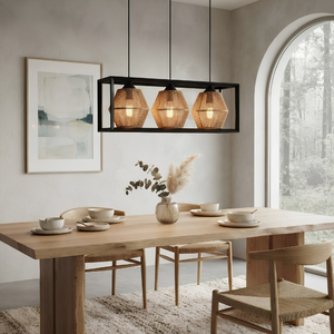 Lustre suspendu Haven à 3 lumières, abat-jour en rotin tressé à la main, style rustique pour salle à manger, îlot de cuisine - Product Image 1