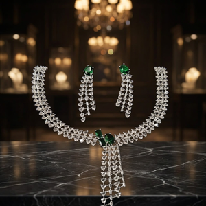 Brass Emerald Green CZ Necklace Set Luxury <b>Silver</b> Plated Cubic Zirconia <b>Choker</b> Drop Earrings For Women Bridal Jewelry - Product Image 2