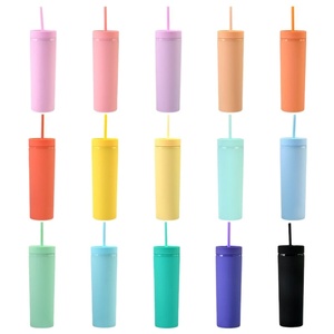 Échantillon GRATUIT – Gobelet en plastique réutilisable à double paroi de 16 oz, couleurs assorties, avec paille et couvercles - Product Image 2