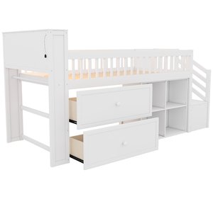 Lit mezzanine moderne réglable pour deux personnes avec étagère LED, tiroirs de rangement et escalier, cadre en bois écologique - Product Image 5