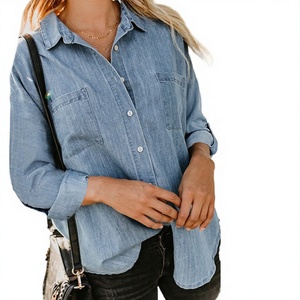 Chemisier en jean vintage pour femme, coupe classique, boutonné, manches longues, couleur unie, décontracté, tricoté, toutes saisons, effet illusion - Product Image 4