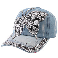 Casquette de baseball tendance pour femme, ornée de strass, en jean vieilli, avec diamants et clous