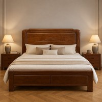 Cadre de lit en bois massif noyer brun avec tête de lit sculptée en arc et tiroirs de rangement sous le lit, disponible en tailles King et Queen