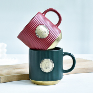 Striped <b>Ceramic</b> Mug With Gold Plated Badge Minimalist Design For Everyday Use - Product Image 3