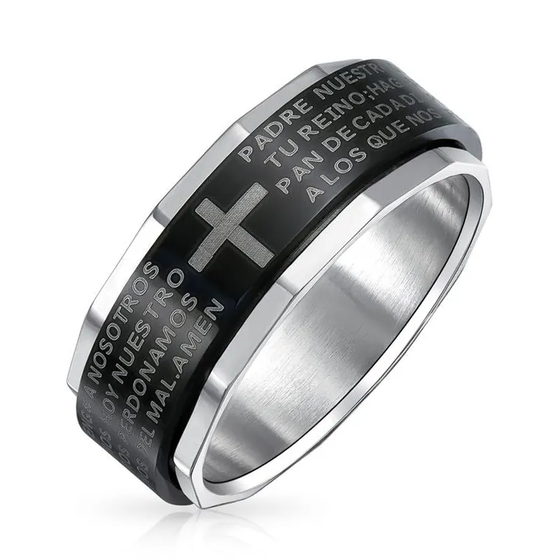 Lasered Scriptures Padre Nuestro Lord Pray Cross PVD Black Spinner Band Ring Stainless Steel For Men