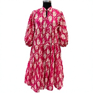 Robe longue décontractée bohème à imprimé léopard avec manches bouffantes, col noué, ourlet évasé, 100 % coton, silhouette trapèze - Product Image 4