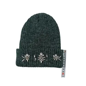 OEM ODM High Quality Fashion Design Beanie With Green Color Rhinestone Beanie Hats In Winter Knitted Hat Acrylic Beanie Hat
