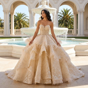251149 Vintage Champagne Ruffle <b>Sequined</b> Crystal Lace Appliques Embroidery Ball Gown Evening Party Chapel Train Pearls Beading - Product Image 1
