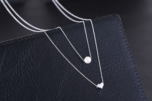 Nouveau <span class=keywords><strong>Collier</strong></span> Simple Cœur d'Amour en Argent Sterling avec Double Rang de <span class=keywords><strong>Perles</strong></span> S925 - Product Image 6