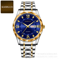 Montre pour homme, double calendrier anglais, 42 mm, aiguilles lumineuses à motif diamant, acier inoxydable, étanche 30 m, quartz minimaliste