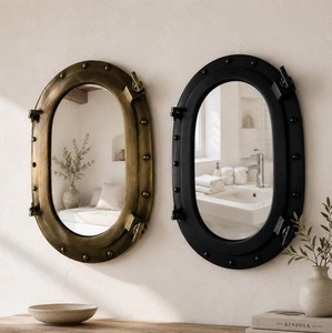 Miroir ovale de qualité supérieure en aluminium, décoration murale nautique, noir, marron, accent marin vintage, disponible à la vente - Product Image 1