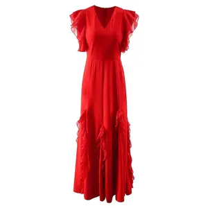 XXL Long Red Dress 2024 Spring Special Occasion Women V-Neck Ruffle Lace Patchwork Short Sleeve Luxury Party Maxi Dress Festival