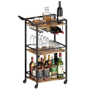 Precio al por mayor, marco de metal de <span class=keywords><strong>3</strong></span> niveles multiusos y tablero de MDF, soporte de carro de barra con ruedas con estante de vino para whisky y vino - Product Image 2
