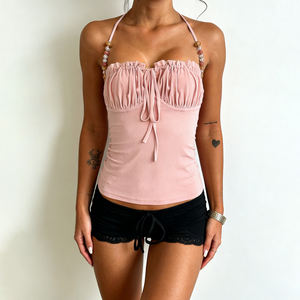 Haut court extensible sans manches pour femme, à col licou perlé, avec empiècement en maille transparente, buste froncé et lien ajustable sur le devant, idéal pour les soirées et les vacances - Product Image 2