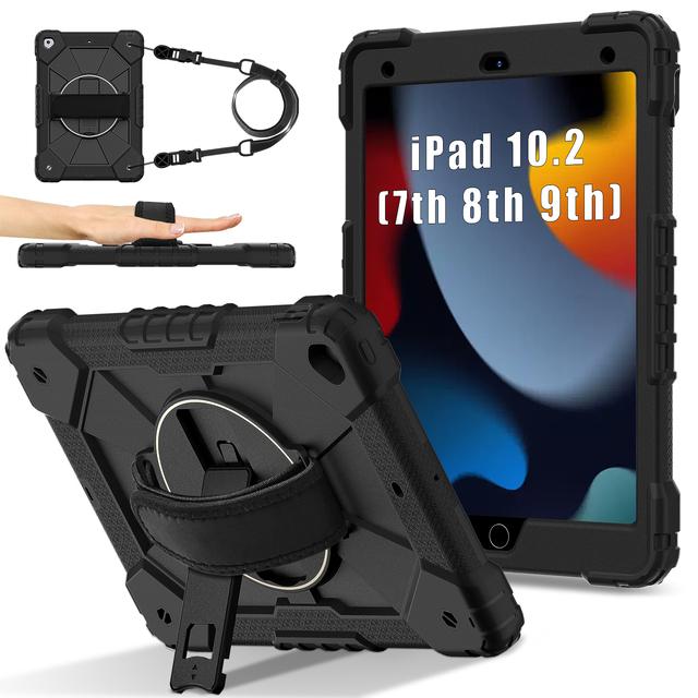 Heavy Duty Drop Proof Case for iPad 10.2 7th 8th 9th Gen 2019 2020 2021 with 360 Stand Hand Strap Shoulder Strap Kids Friendly