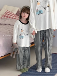 Ensemble de pyjamas en coton 100% à carreaux pour frères et sœurs, assorti garçon et fille, col en dentelle, boutonné, 2 pièces, automne-hiver, personnalisé, prêt à être expédié - Product Image 4