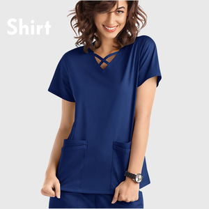 Women's Solid Color Medical Scrub Top Short Sleeve Cross Neck Design Moisture Wicking Knitted Blouse Hospital Uniforms - Product Image 4