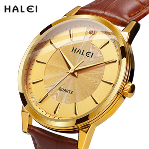 Montres à quartz pour couple HALEI, bracelet en cuir, boîtier en acier inoxydable, ensemble de montres élégantes et tendance, mouvement japonais. - Product Image 2