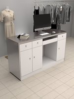 Comptoir de réception minimaliste en MDF argenté brossé pour magasin de vêtements, boutique de prêt-à-porter féminin, petit bureau de réception oblong