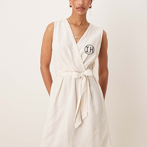 Ingrosso nuovo Design estivo donna cotone <span class=keywords><strong>lino</strong></span> Mini abito avvolgente cintura cravatta senza maniche Casual tinta unita <span class=keywords><strong>abiti</strong></span> - Product Image 2
