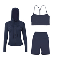 Ensemble trois pièces personnalisé avec logo pour femme : veste à capuche respirante pour le yoga + soutien-gorge + pantalon de cyclisme, séchage rapide
