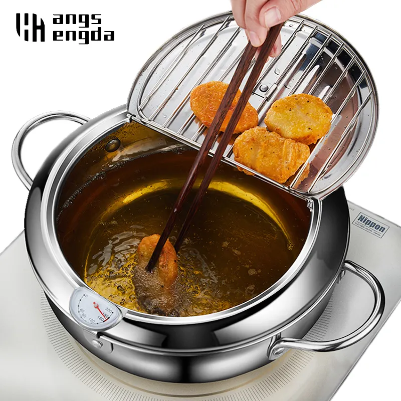 Amazon Hot – poêle à frire japonaise avec thermomètre et couvercle, en acier inoxydable 304 de 24 cm, poêle à friture Tempura de cuisine, vente en gros